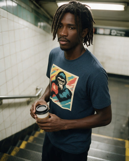 Let's Have Some Fun T-Shirt in Heather Navy worn on the street — Urban Kong