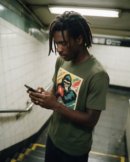 Let's Have Some Fun T-Shirt in Military Green worn on the street — Urban Kong