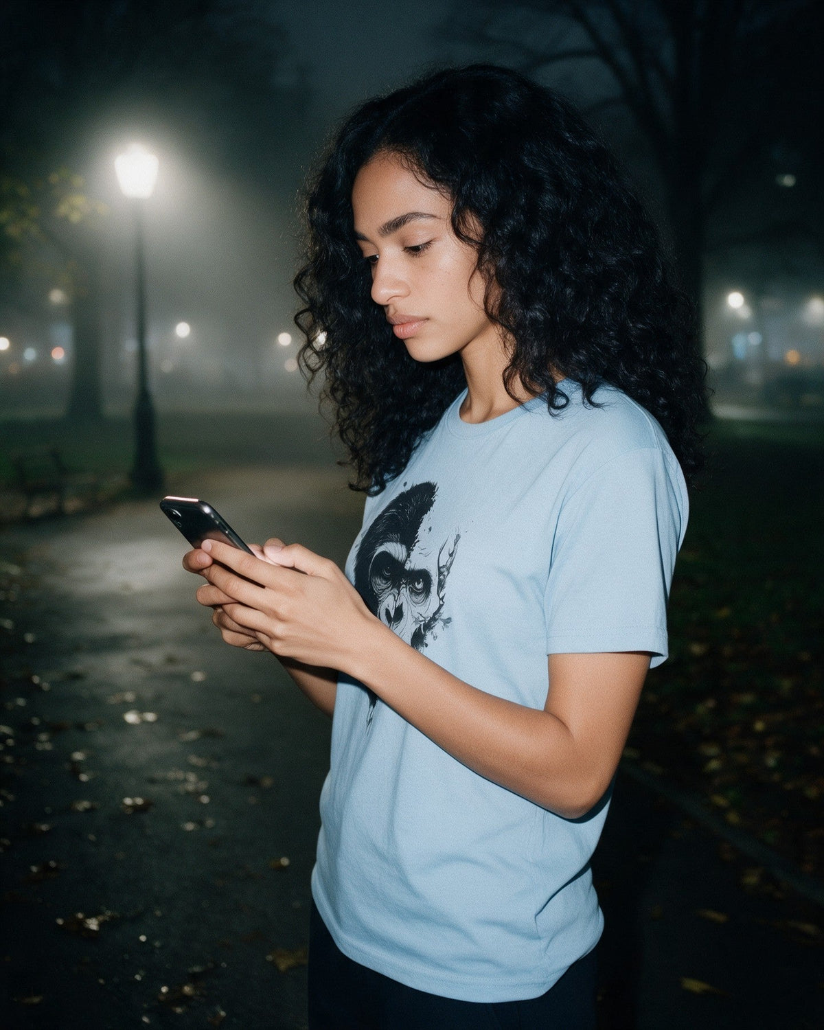 Life & Bones T-Shirt in Light Blue worn on the street — Urban Kong