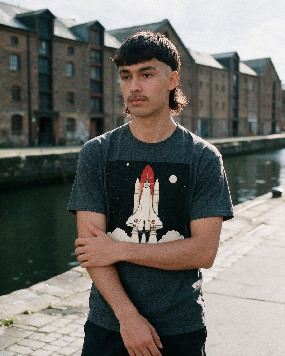 Liftoff T-Shirt in Dark Heather worn on the street — Urban Kong