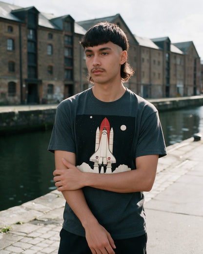Liftoff T-Shirt in Dark Heather worn on the street — Urban Kong