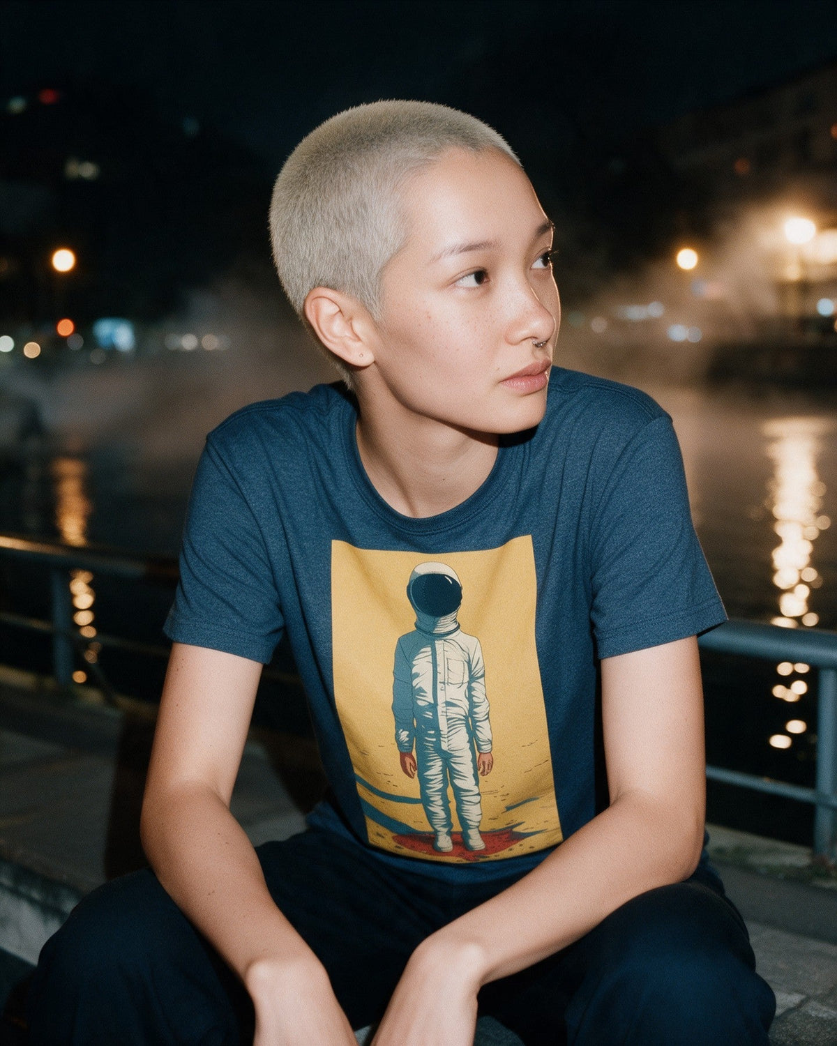 Lost in Space T-Shirt in Heather Indigo worn on the street — Urban Kong