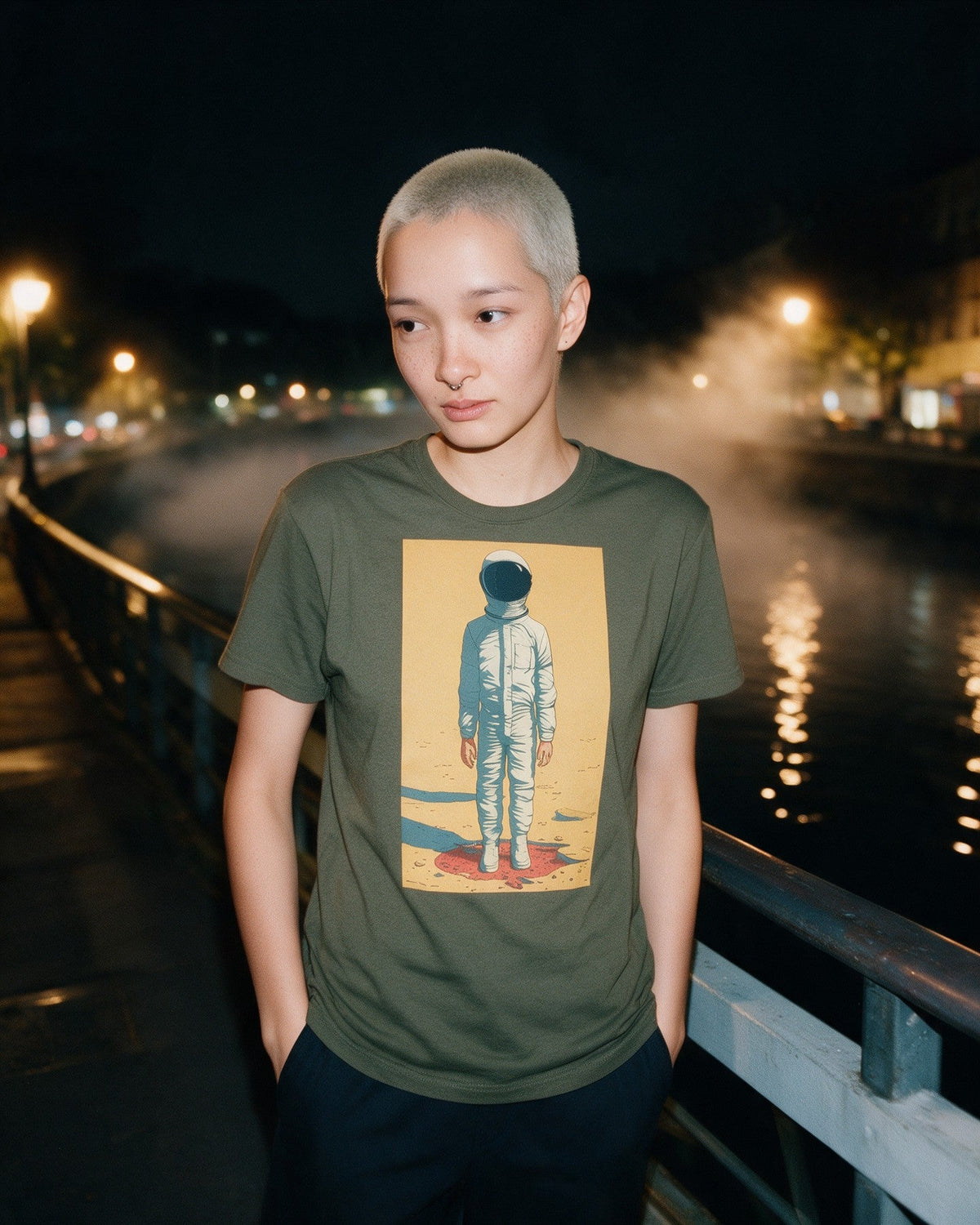 Lost in Space T-Shirt in Military Green worn on the street — Urban Kong