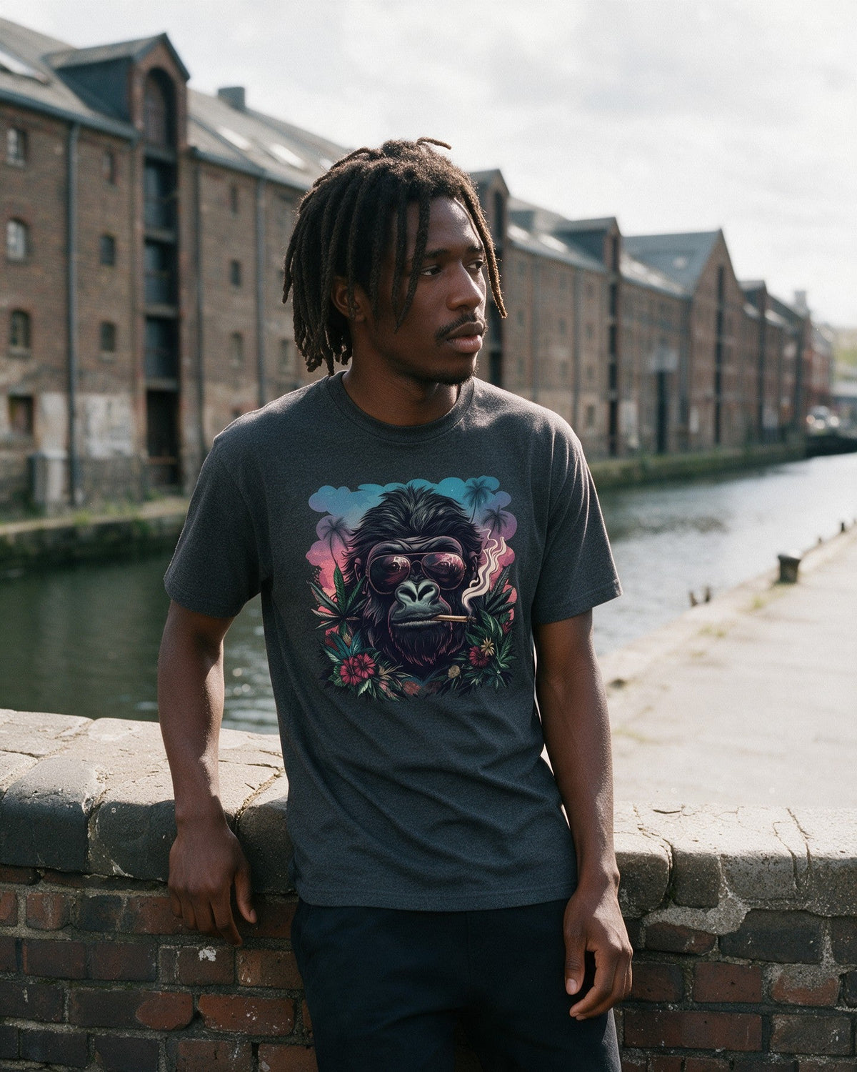 Rebel Ape T-Shirt in Dark Heather worn on the street — Urban Kong