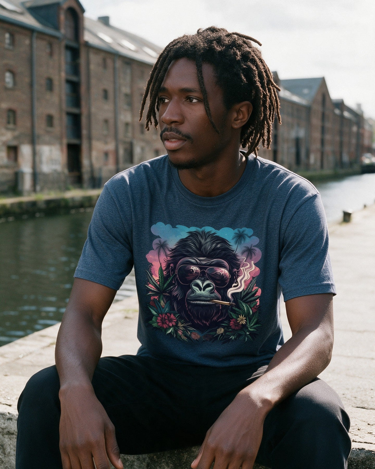 Rebel Ape T-Shirt in Heather Indigo worn on the street — Urban Kong
