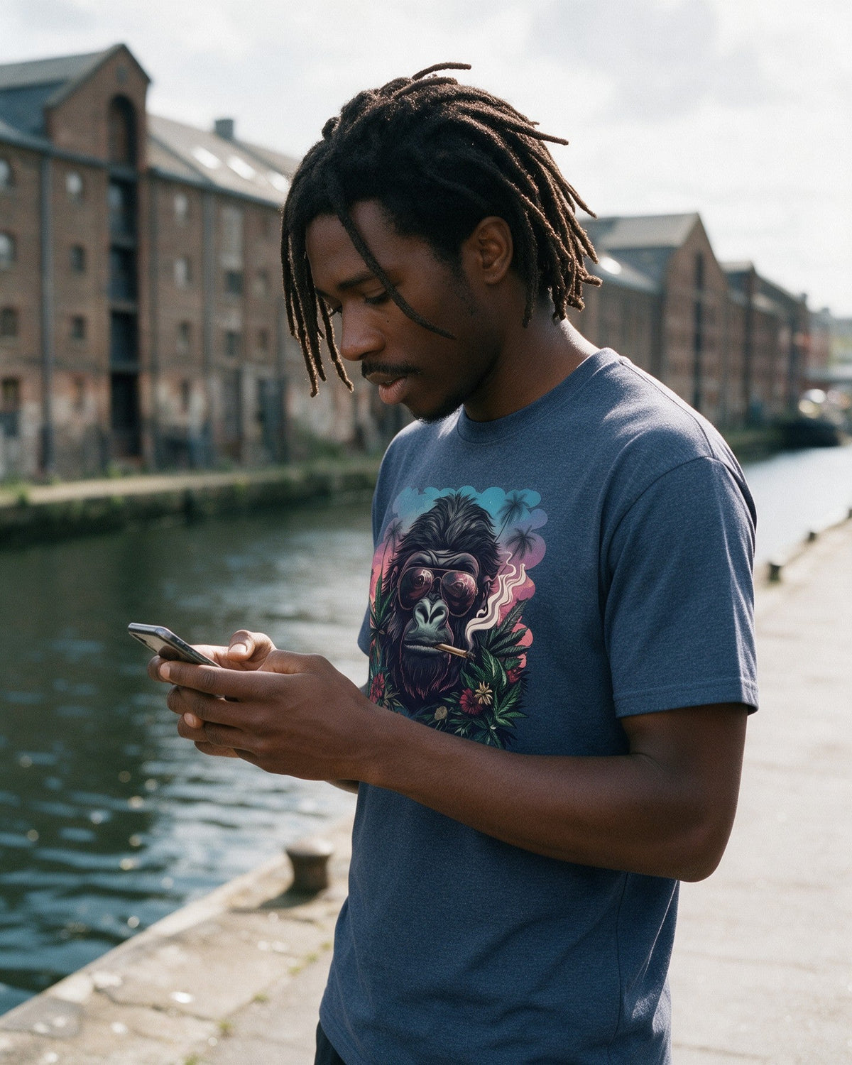 Rebel Ape T-Shirt in Heather Navy worn on the street — Urban Kong
