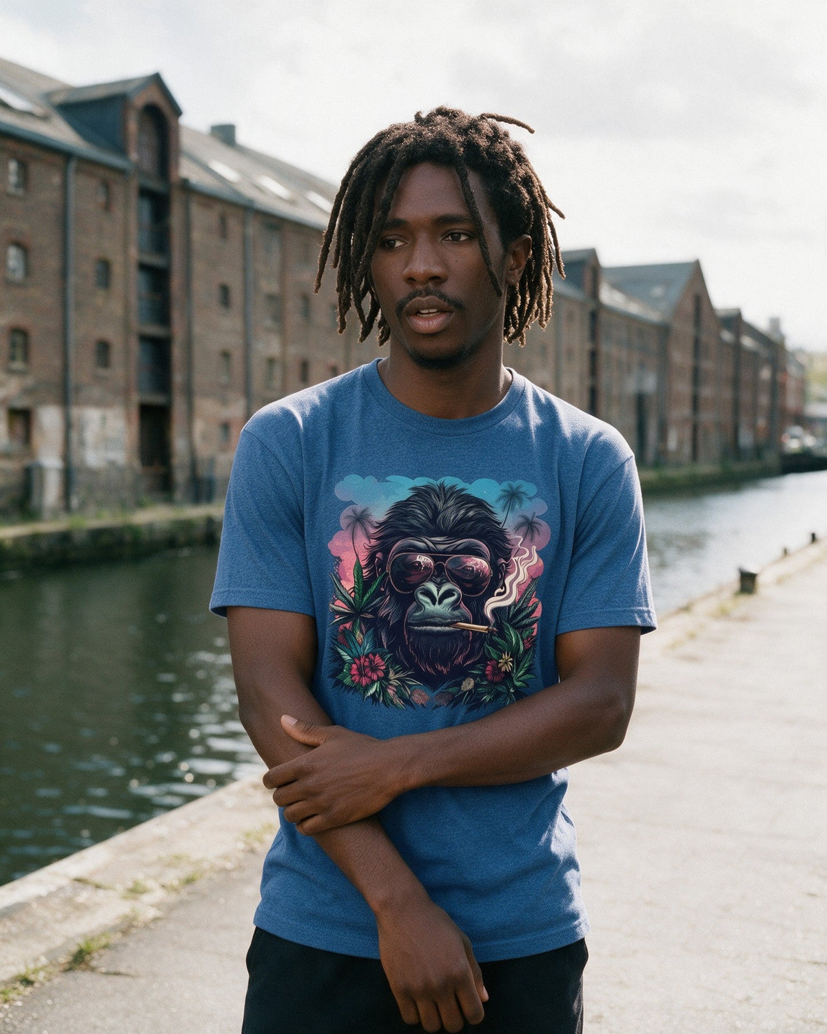 Rebel Ape T-Shirt in Heather Royal worn on the street — Urban Kong