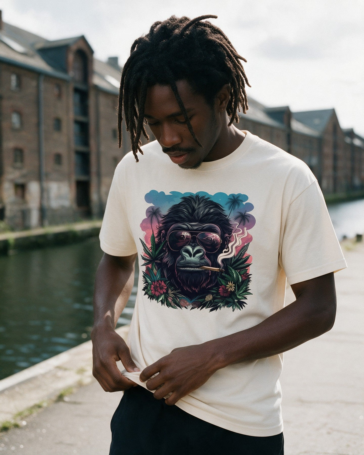 Rebel Ape T-Shirt in Natural worn on the street — Urban Kong