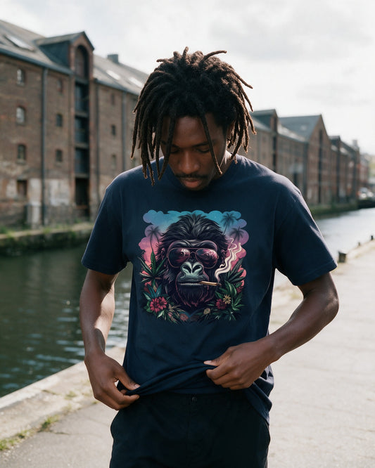 Rebel Ape T-Shirt in Navy worn on the street — Urban Kong