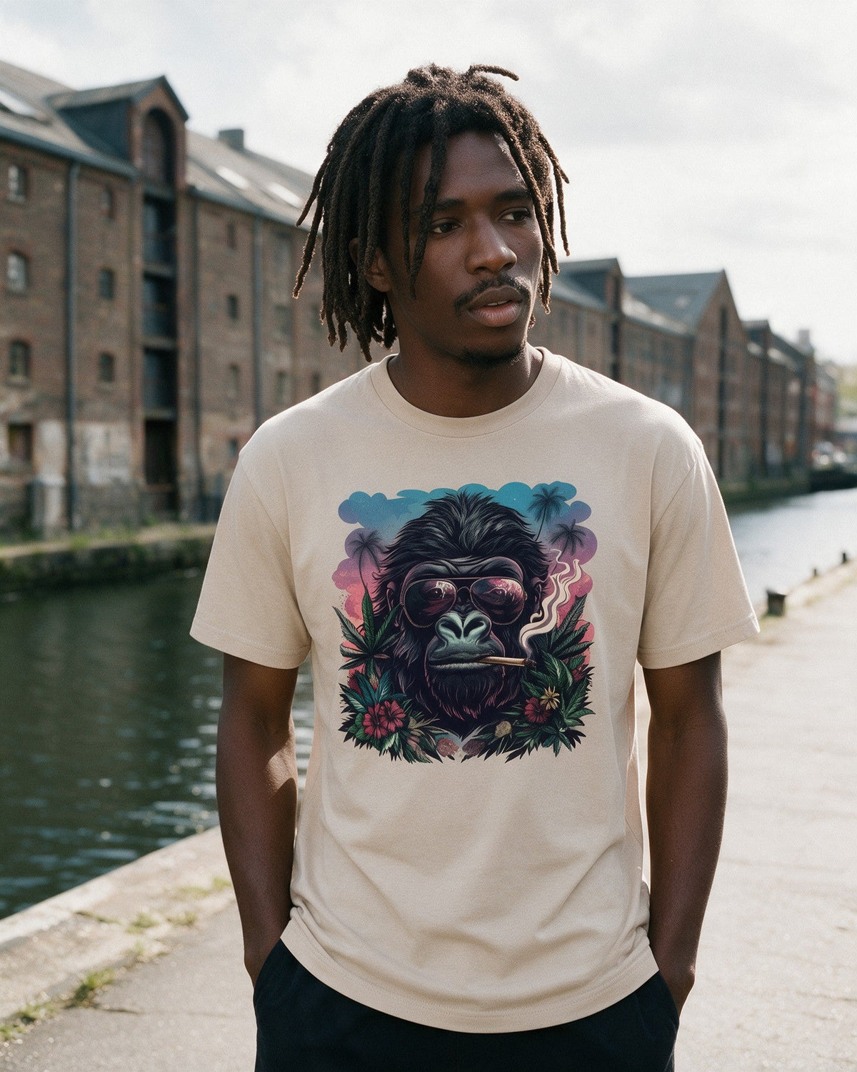 Rebel Ape T-Shirt in Sand worn on the street — Urban Kong