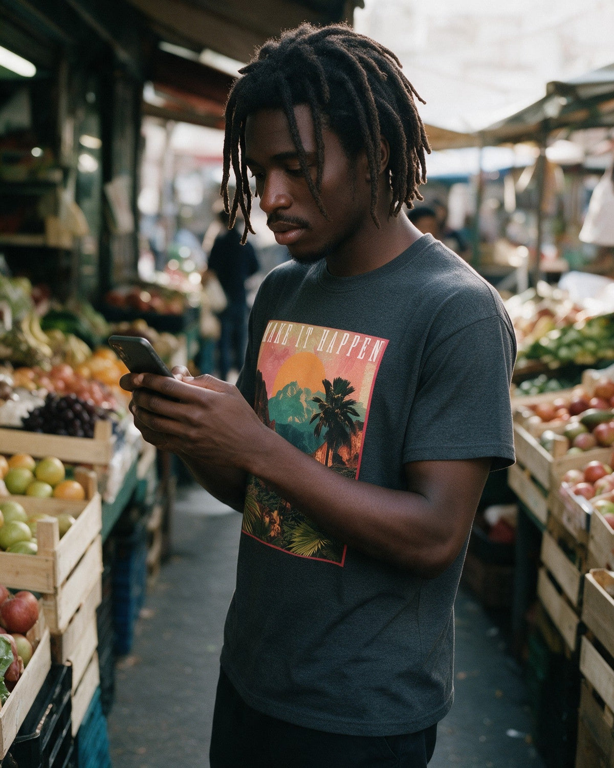 Make It Happen T-Shirt in Dark Heather worn on the street — Urban Kong