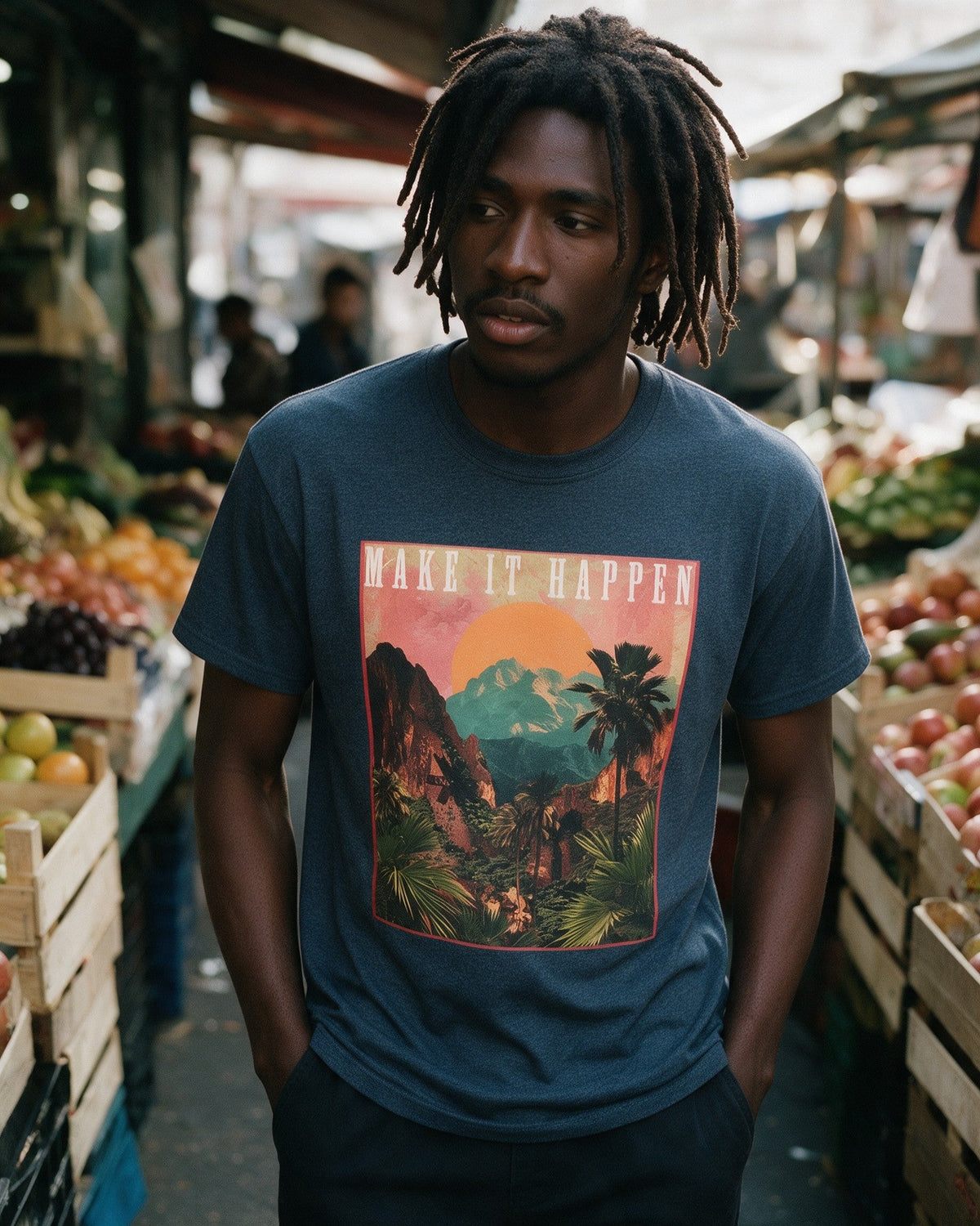 Make It Happen T-Shirt in Heather Navy worn on the street — Urban Kong