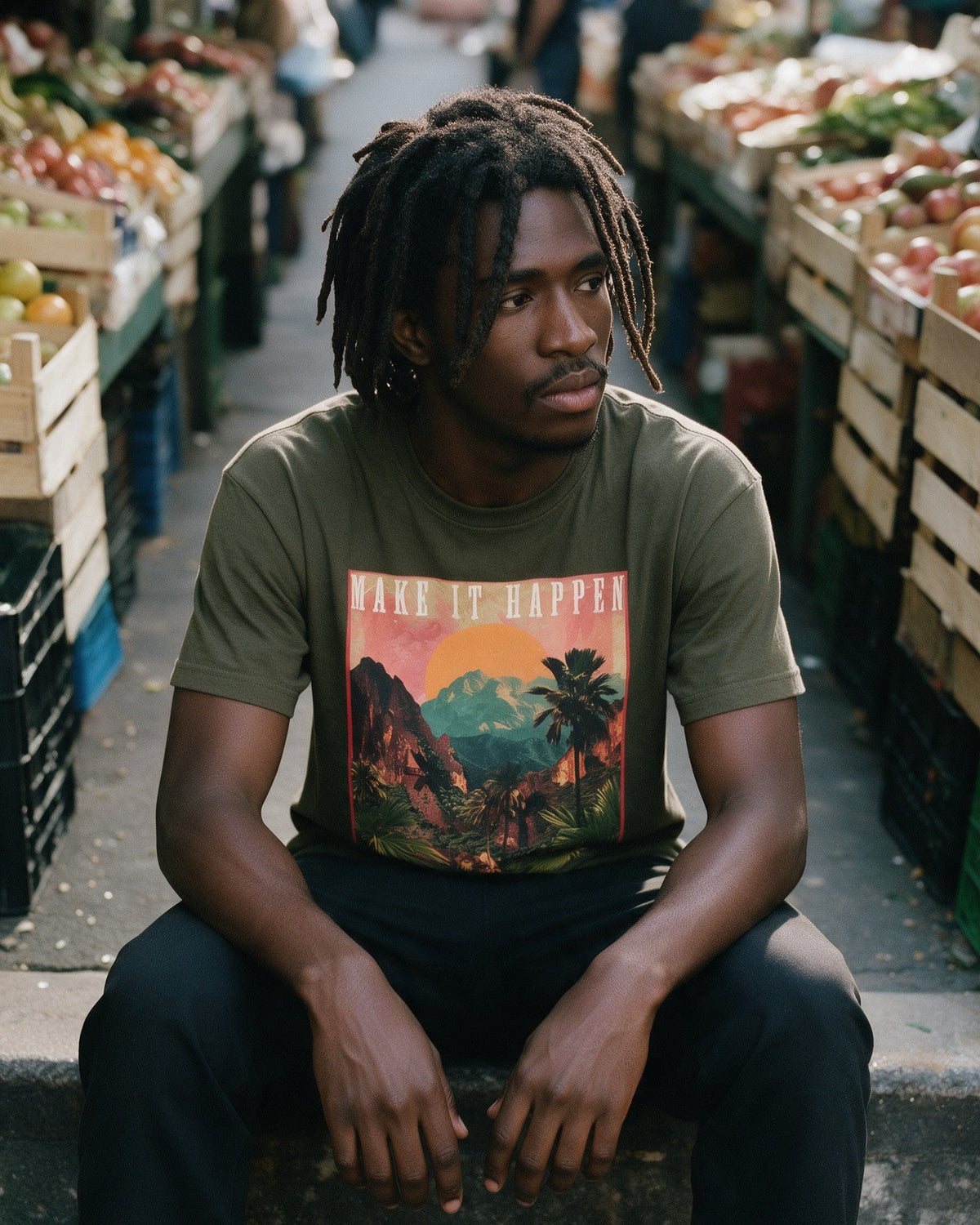 Make It Happen T-Shirt in Military Green worn on the street — Urban Kong