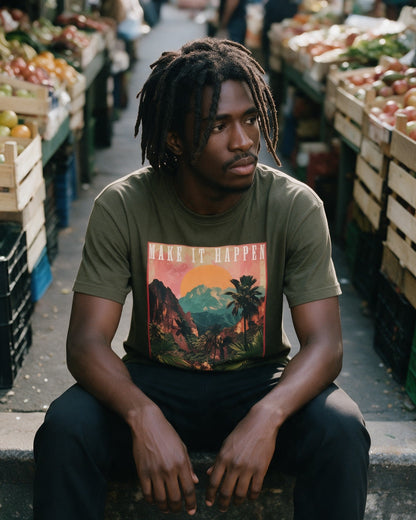 Make It Happen T-Shirt in Military Green worn on the street — Urban Kong