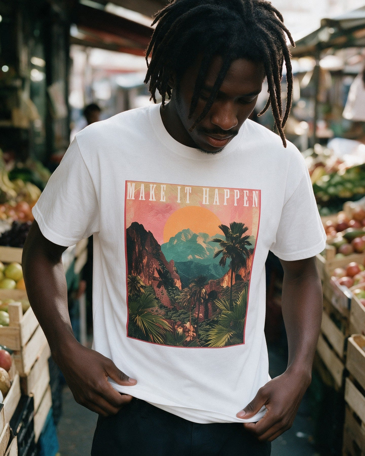 Make It Happen T-Shirt in White worn on the street — Urban Kong