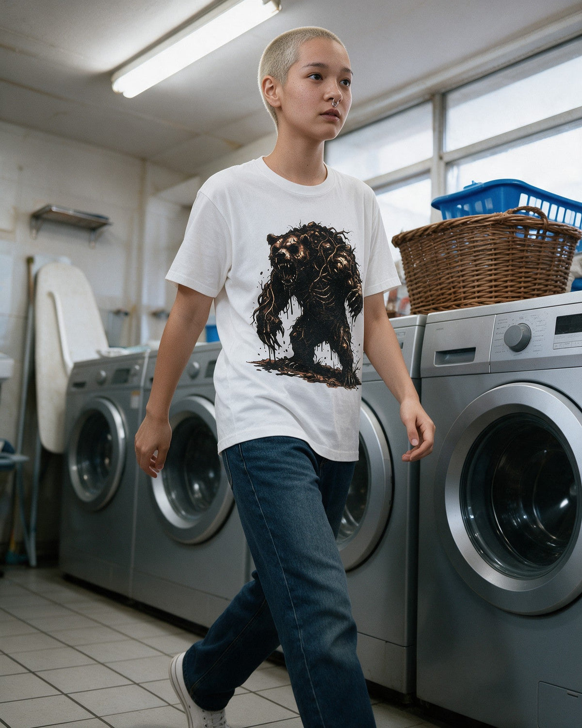 Mud Bear T-Shirt in White worn on the street — Urban Kong