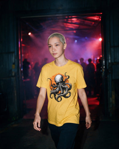 Mystic Tentacles T-Shirt in Gold worn on the street — Urban Kong