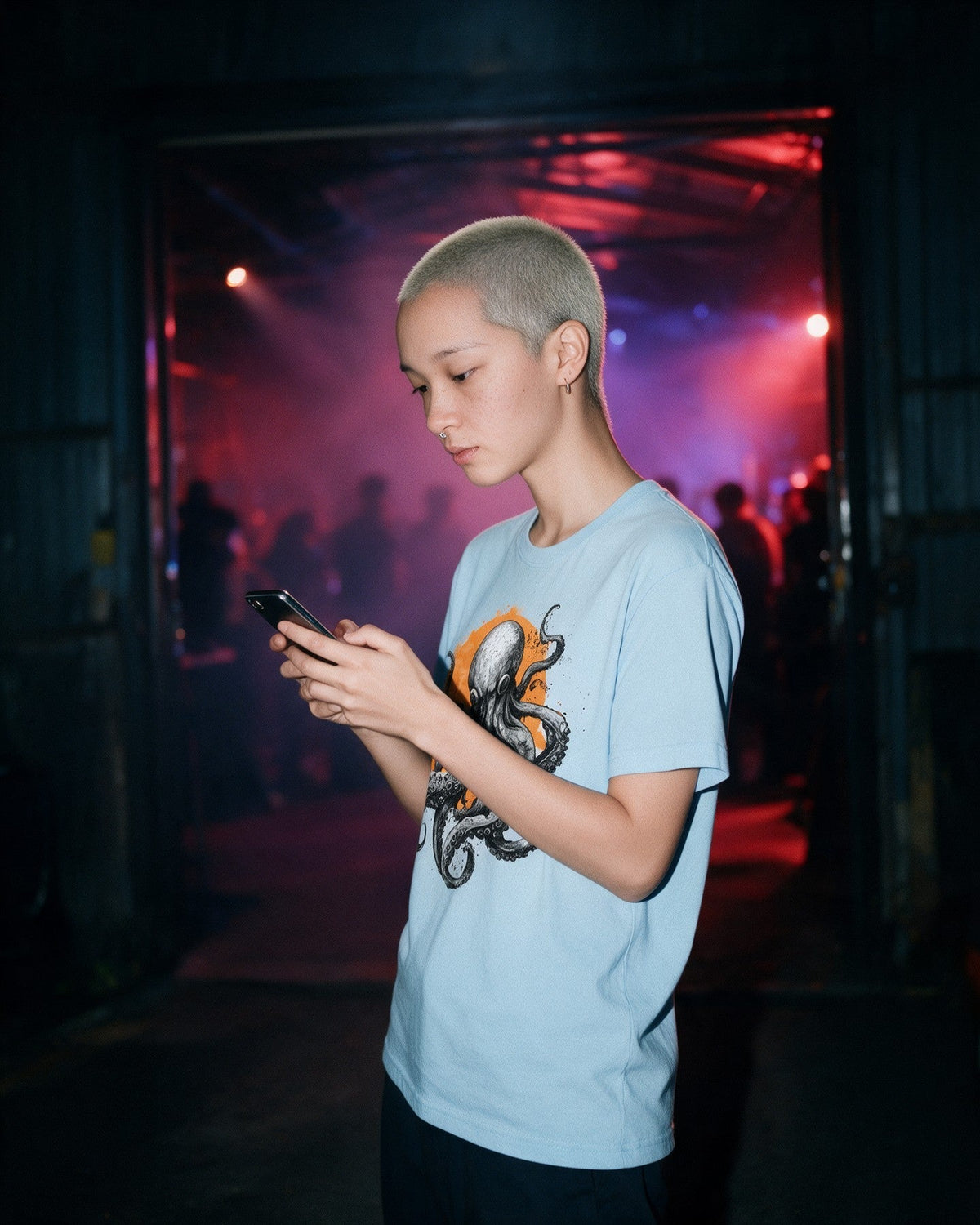 Mystic Tentacles T-Shirt in Light Blue worn on the street — Urban Kong