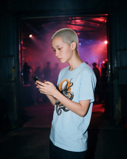Mystic Tentacles T-Shirt in Light Blue worn on the street — Urban Kong