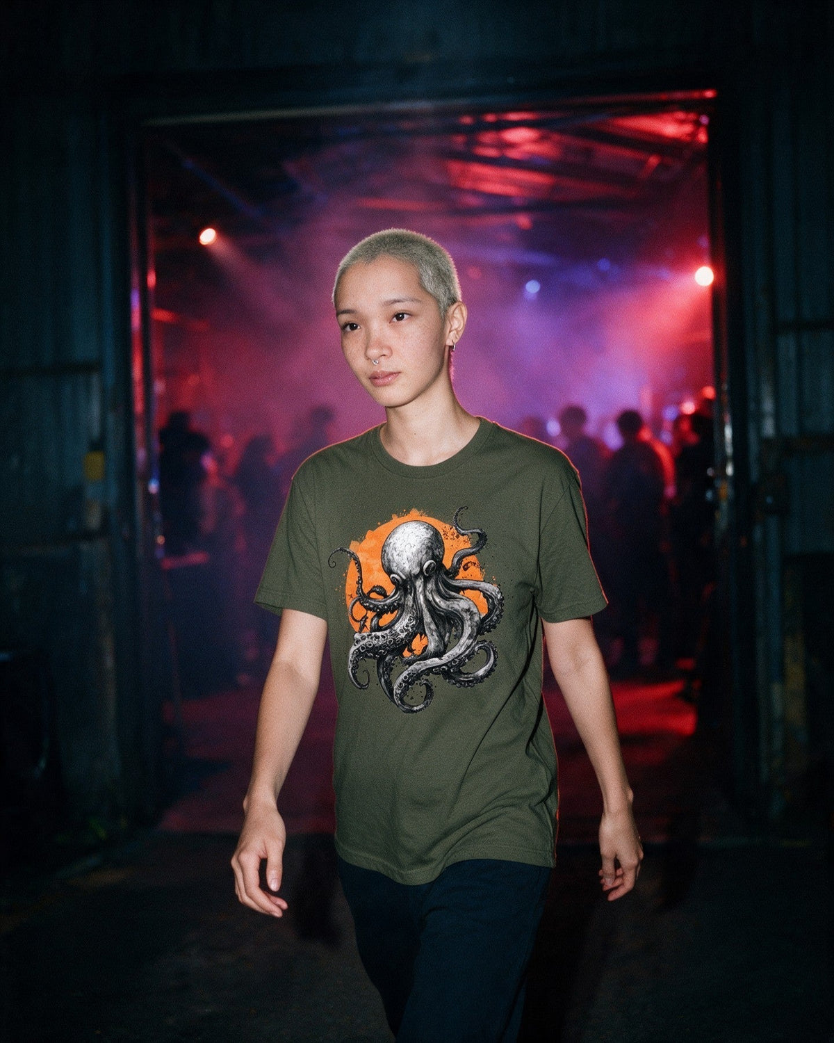 Mystic Tentacles T-Shirt in Military Green worn on the street — Urban Kong