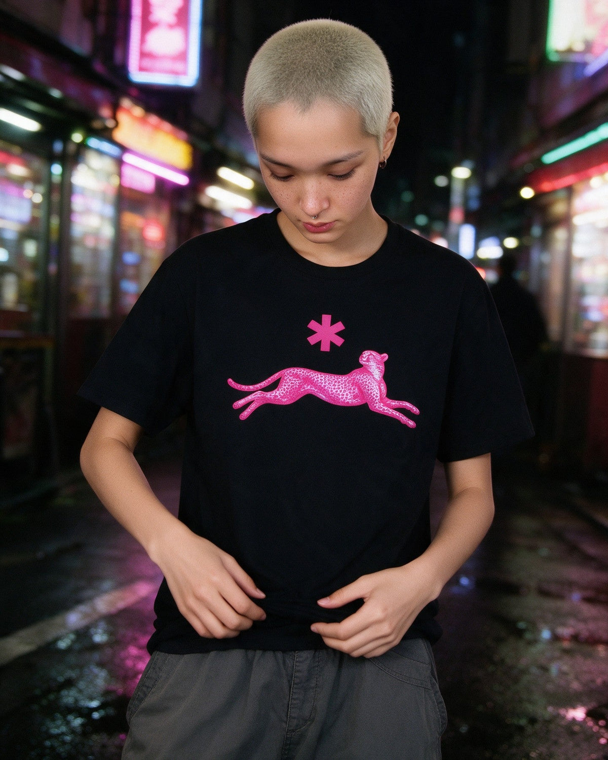Neon Leopard T-Shirt in Black worn on the street — Urban Kong