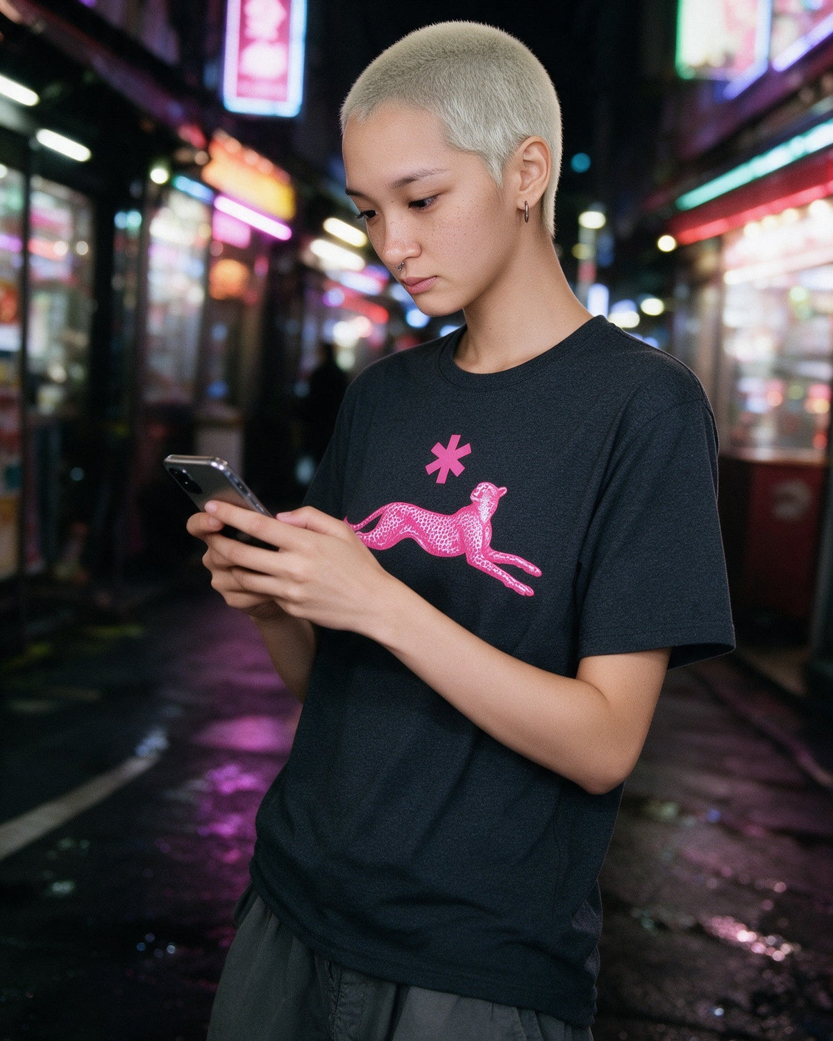 Neon Leopard T-Shirt in Dark Heather worn on the street — Urban Kong