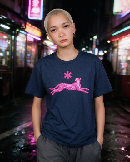 Neon Leopard T-Shirt in Heather Navy worn on the street — Urban Kong