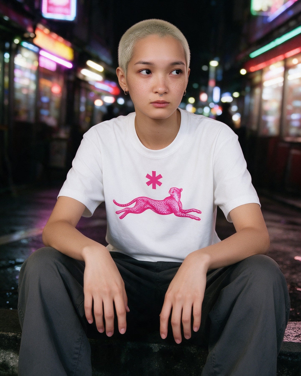 Neon Leopard T-Shirt in White worn on the street — Urban Kong