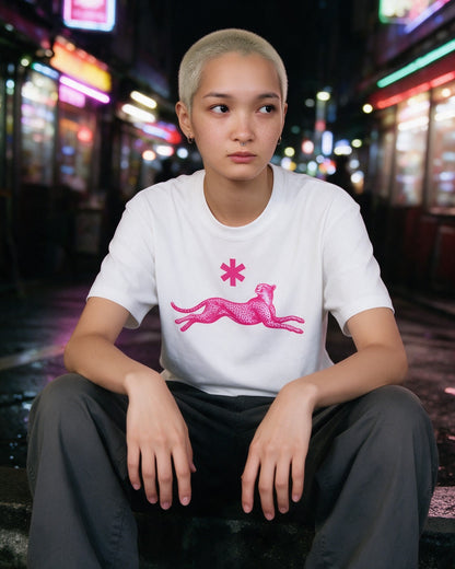 Neon Leopard T-Shirt in White worn on the street — Urban Kong