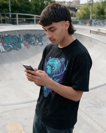 Neon Predator T-Shirt in Black worn on the street — Urban Kong