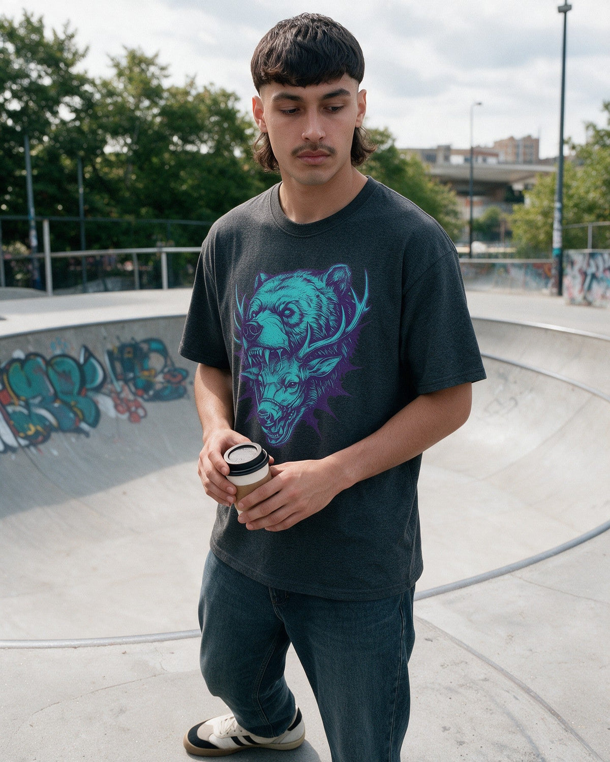 Neon Predator T-Shirt in Dark Heather worn on the street — Urban Kong