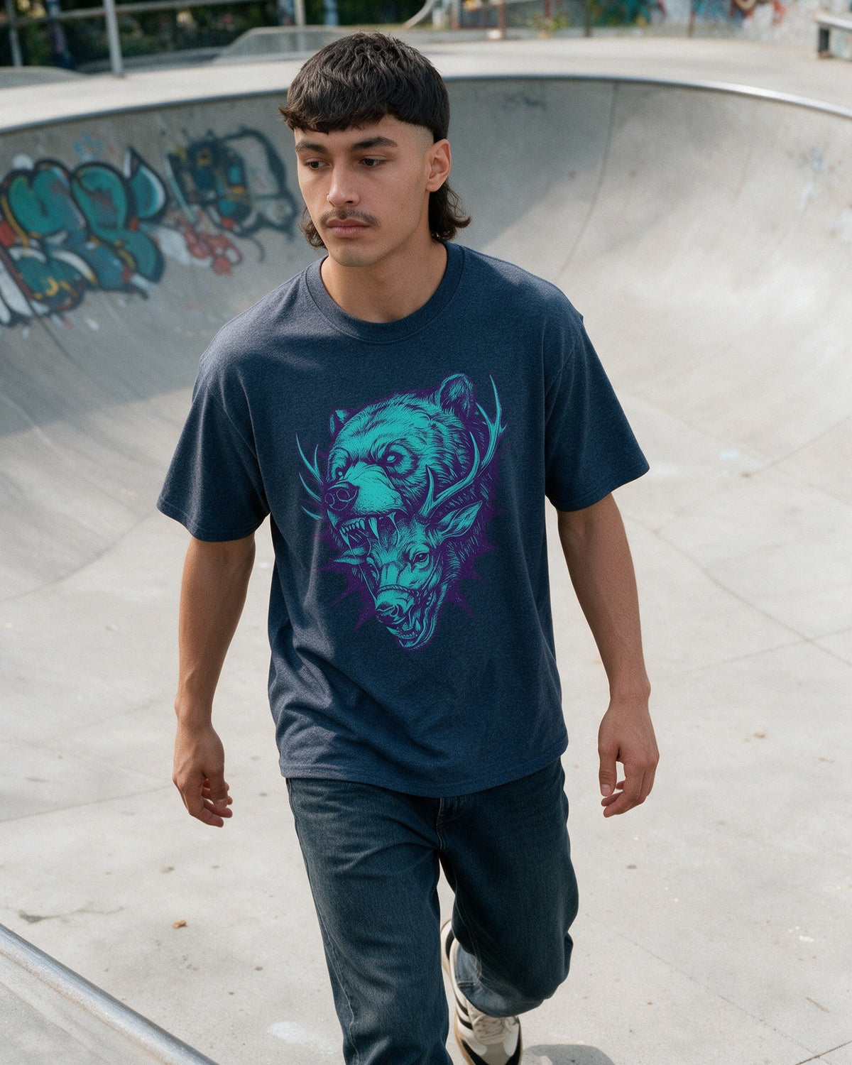 Neon Predator T-Shirt in Heather Navy worn on the street — Urban Kong