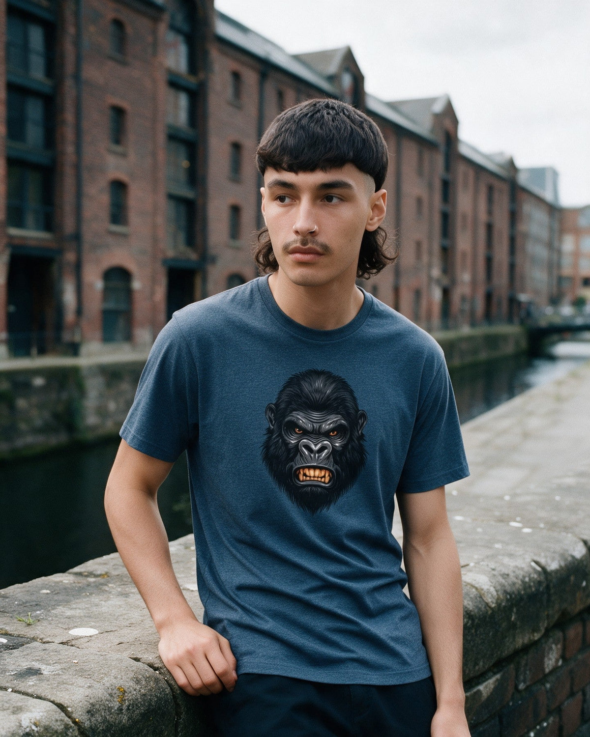 No Mercy T-Shirt in Heather Indigo worn on the street — Urban Kong