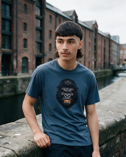 No Mercy T-Shirt in Heather Indigo worn on the street — Urban Kong