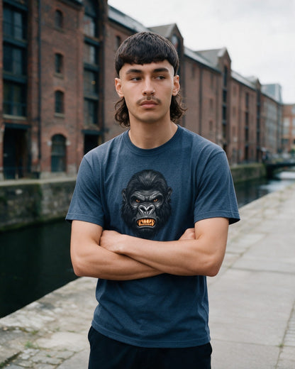 No Mercy T-Shirt in Heather Navy worn on the street — Urban Kong