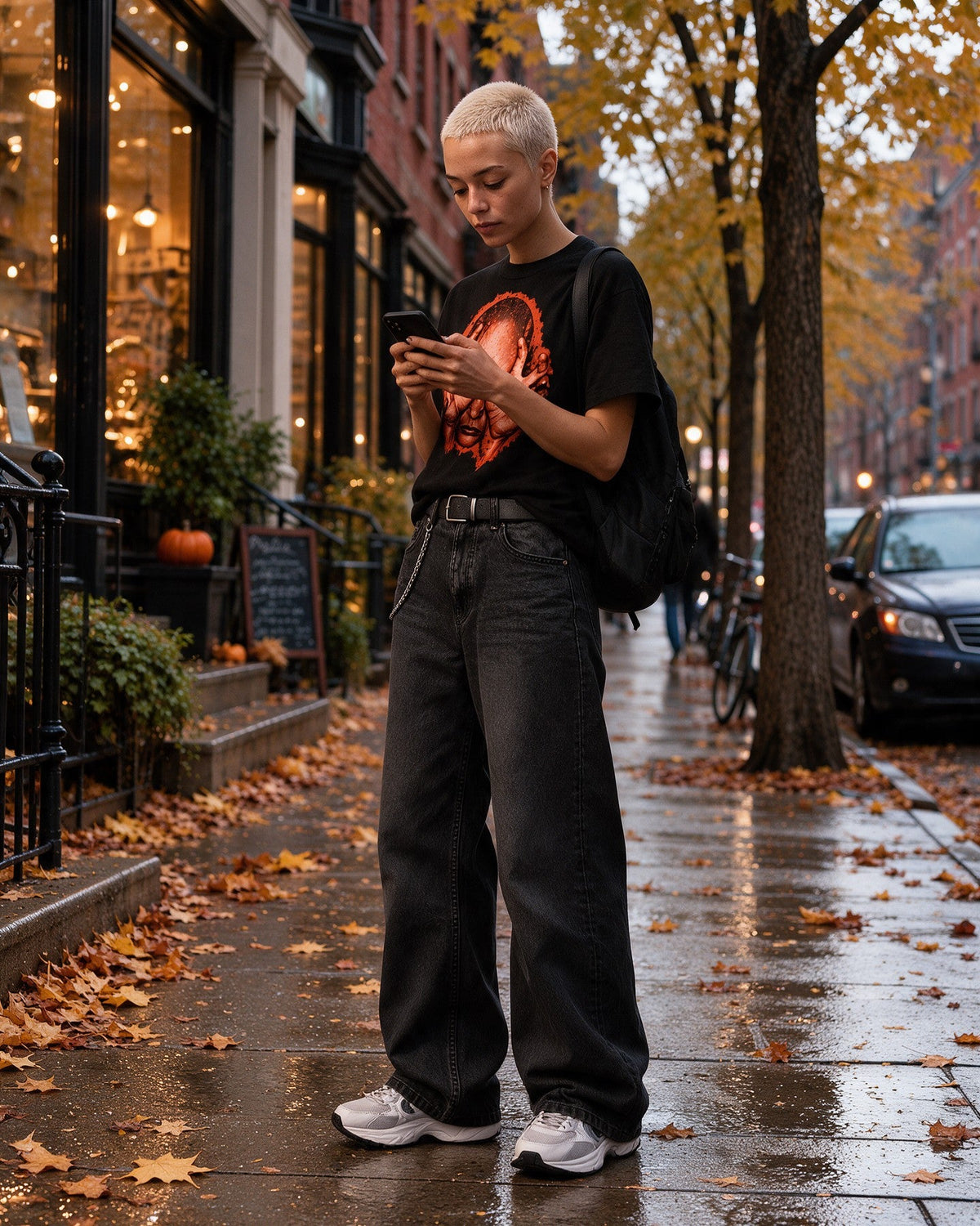 Orange Nightmares T-Shirt in Black worn on the street — Urban Kong