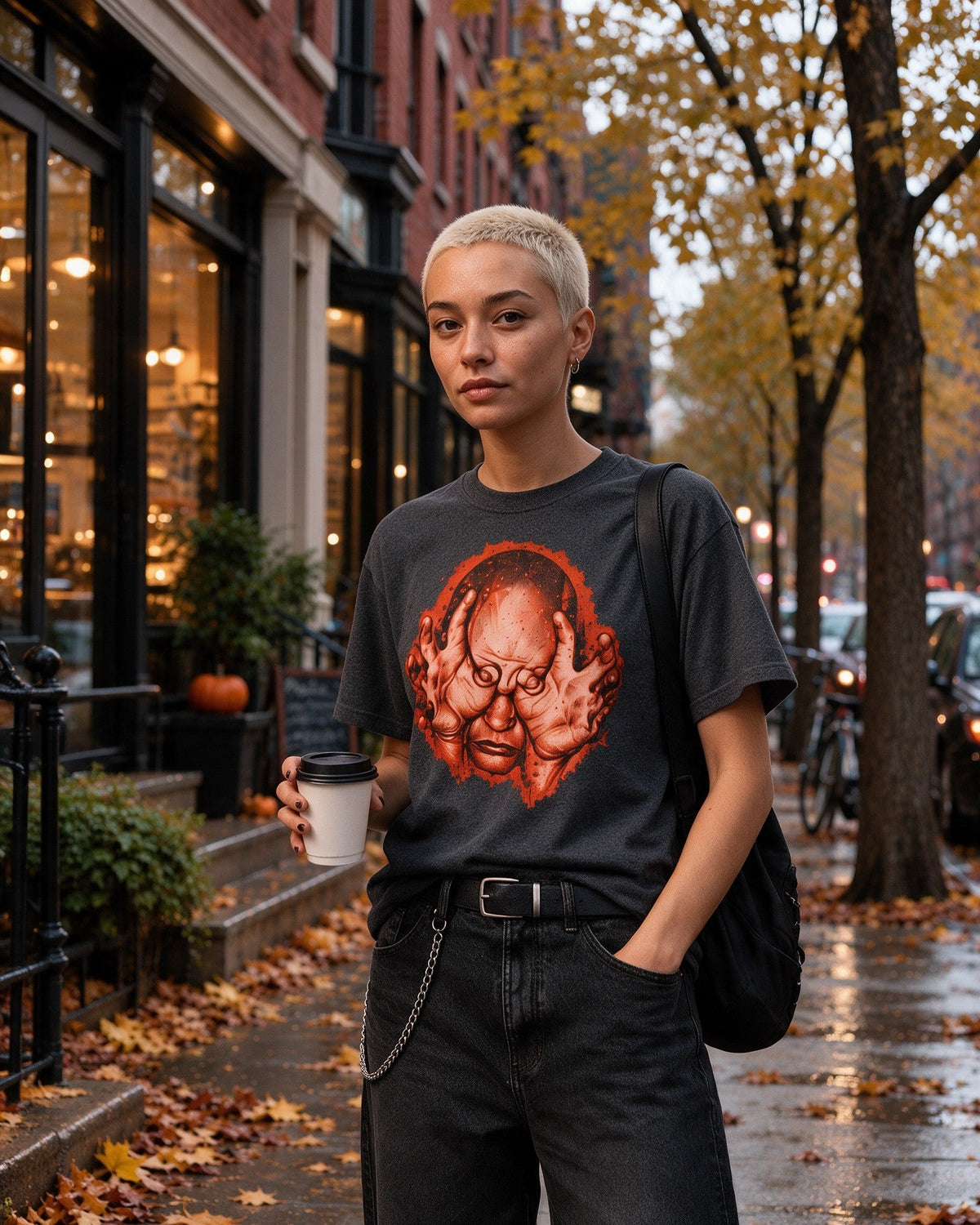 Orange Nightmares T-Shirt in Dark Heather worn on the street — Urban Kong