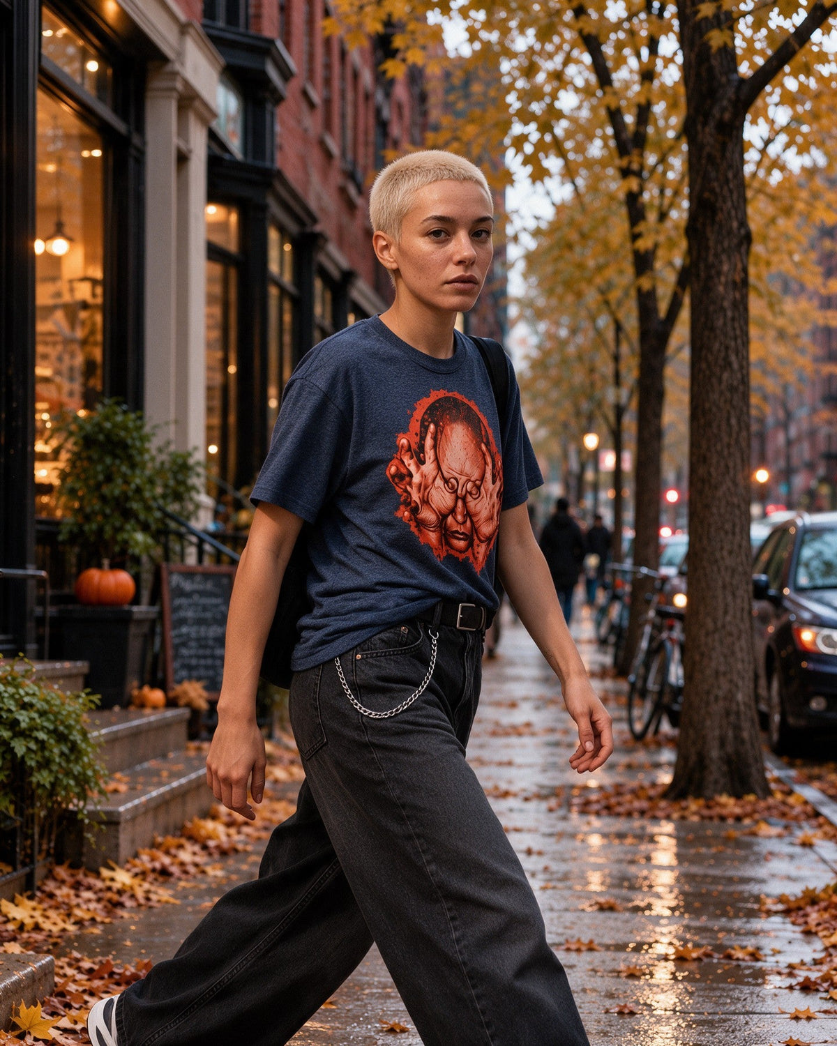 Orange Nightmares T-Shirt in Heather Navy worn on the street — Urban Kong