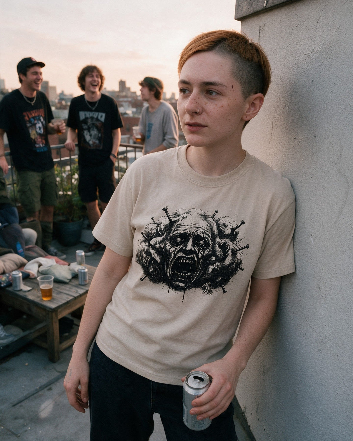 Overthinking T-Shirt in Sand worn on the street — Urban Kong