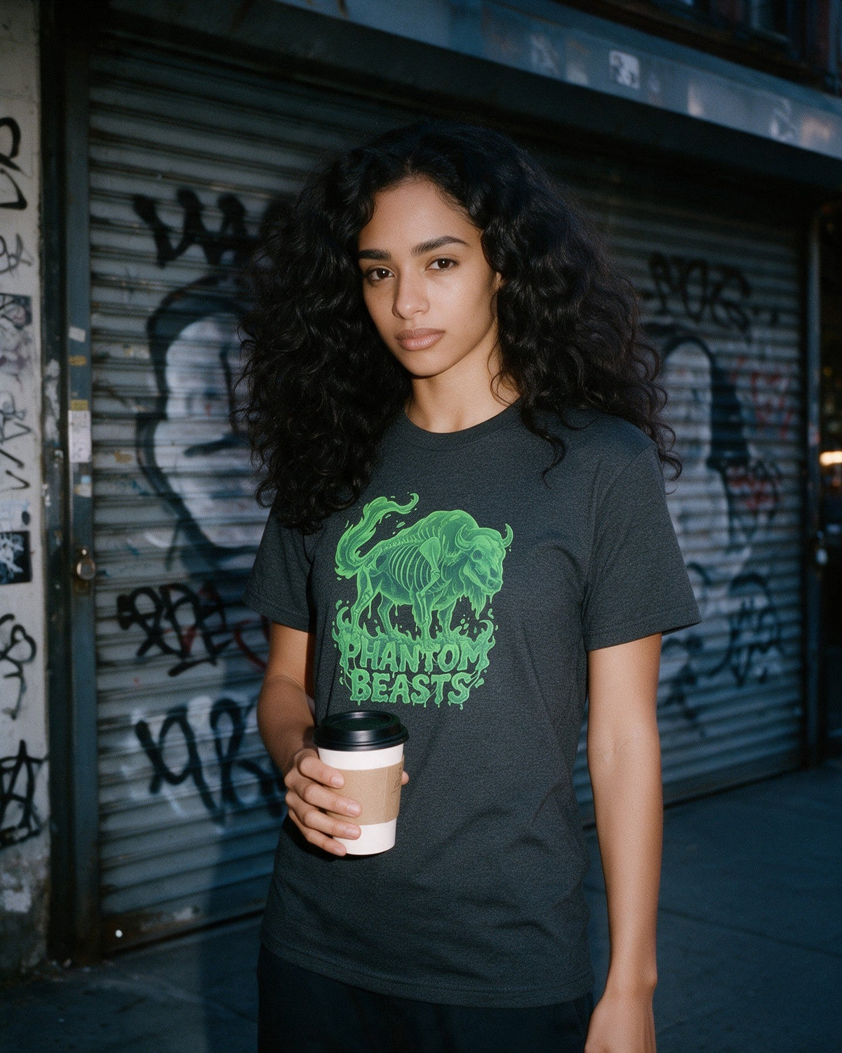 Phantom Bison T-Shirt in Dark Heather worn on the street — Urban Kong