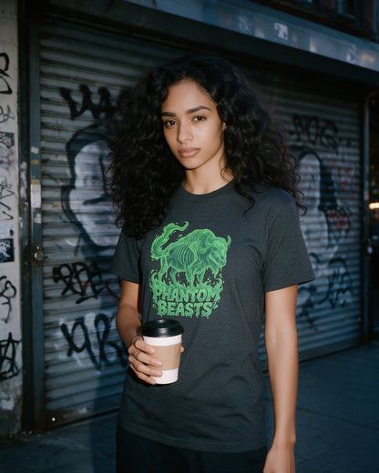 Phantom Bison T-Shirt in Dark Heather worn on the street — Urban Kong