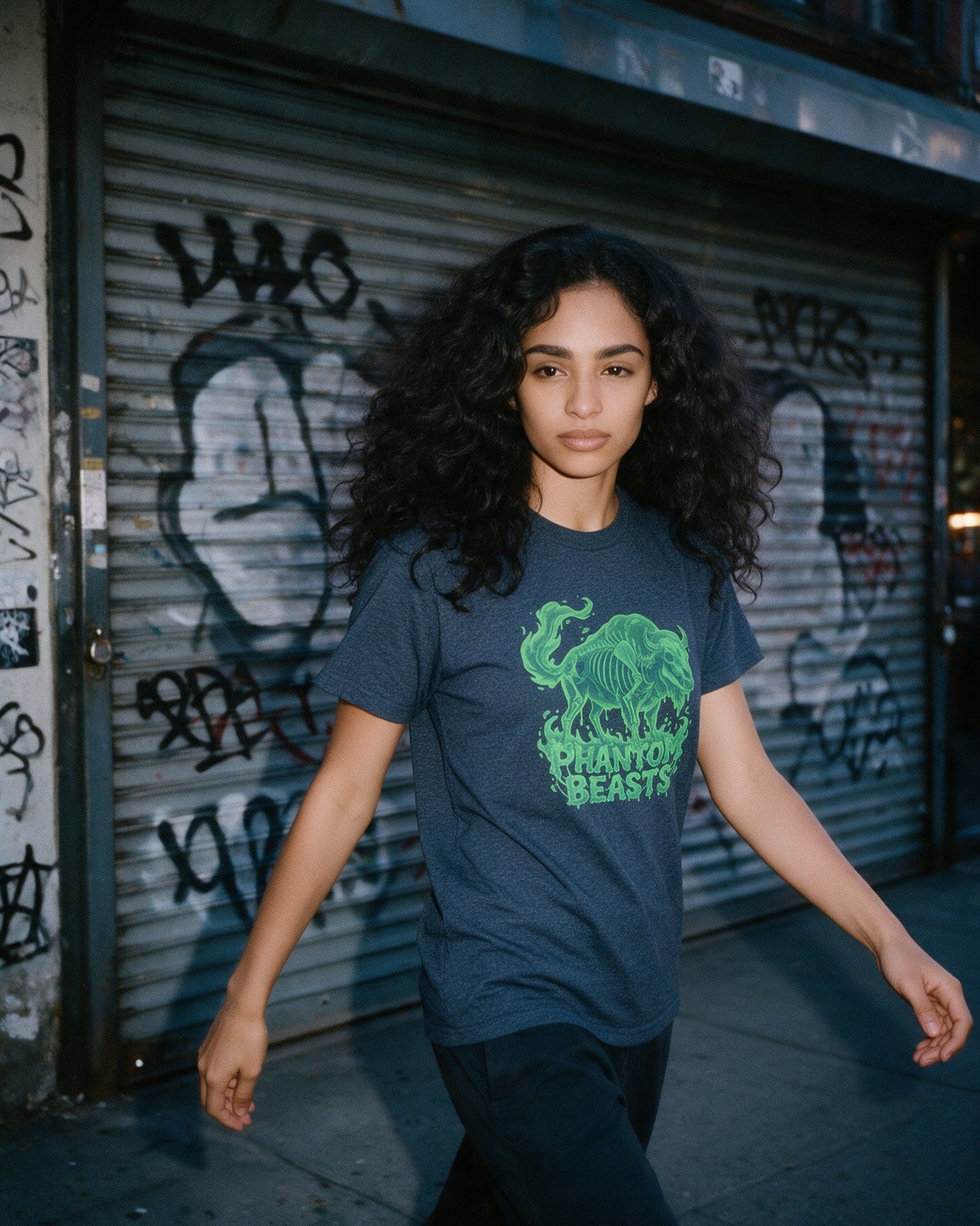 Phantom Bison T-Shirt in Heather Navy worn on the street — Urban Kong