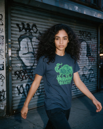Phantom Bison T-Shirt in Heather Navy worn on the street — Urban Kong