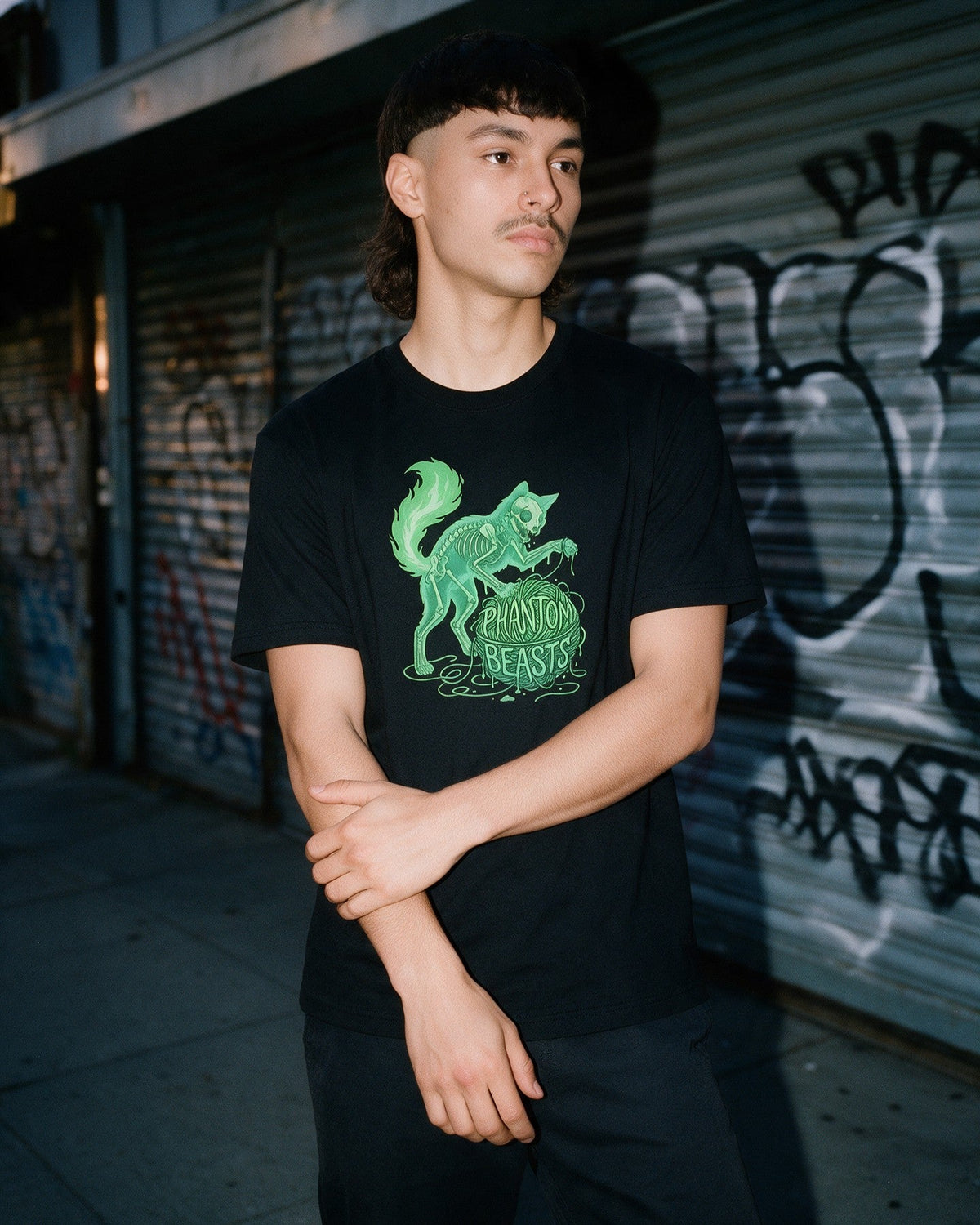 Phantom Cat T-Shirt in Black worn on the street — Urban Kong