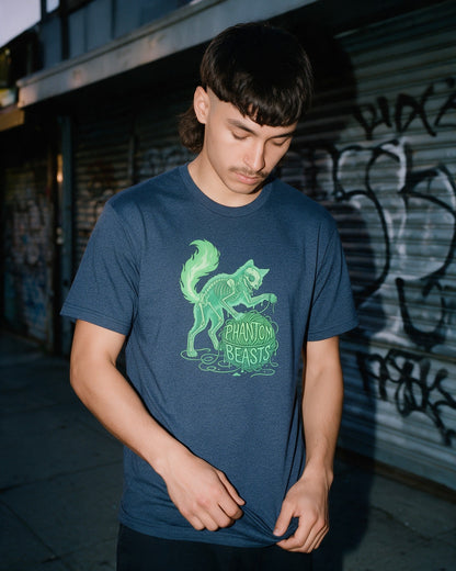 Phantom Cat T-Shirt in Heather Navy worn on the street — Urban Kong