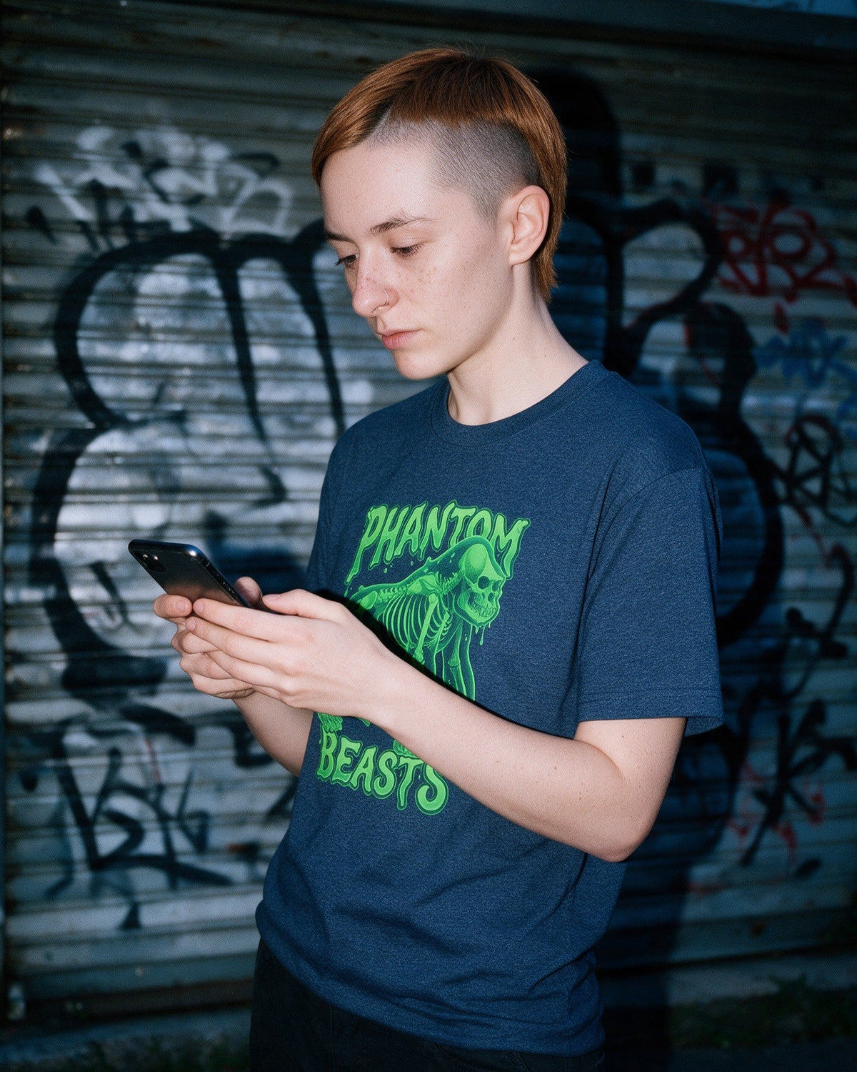 Phantom Gorilla T-Shirt in Heather Navy worn on the street — Urban Kong