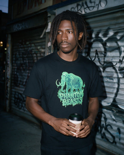 Phantom Mammoth T-Shirt in Black worn on the street — Urban Kong