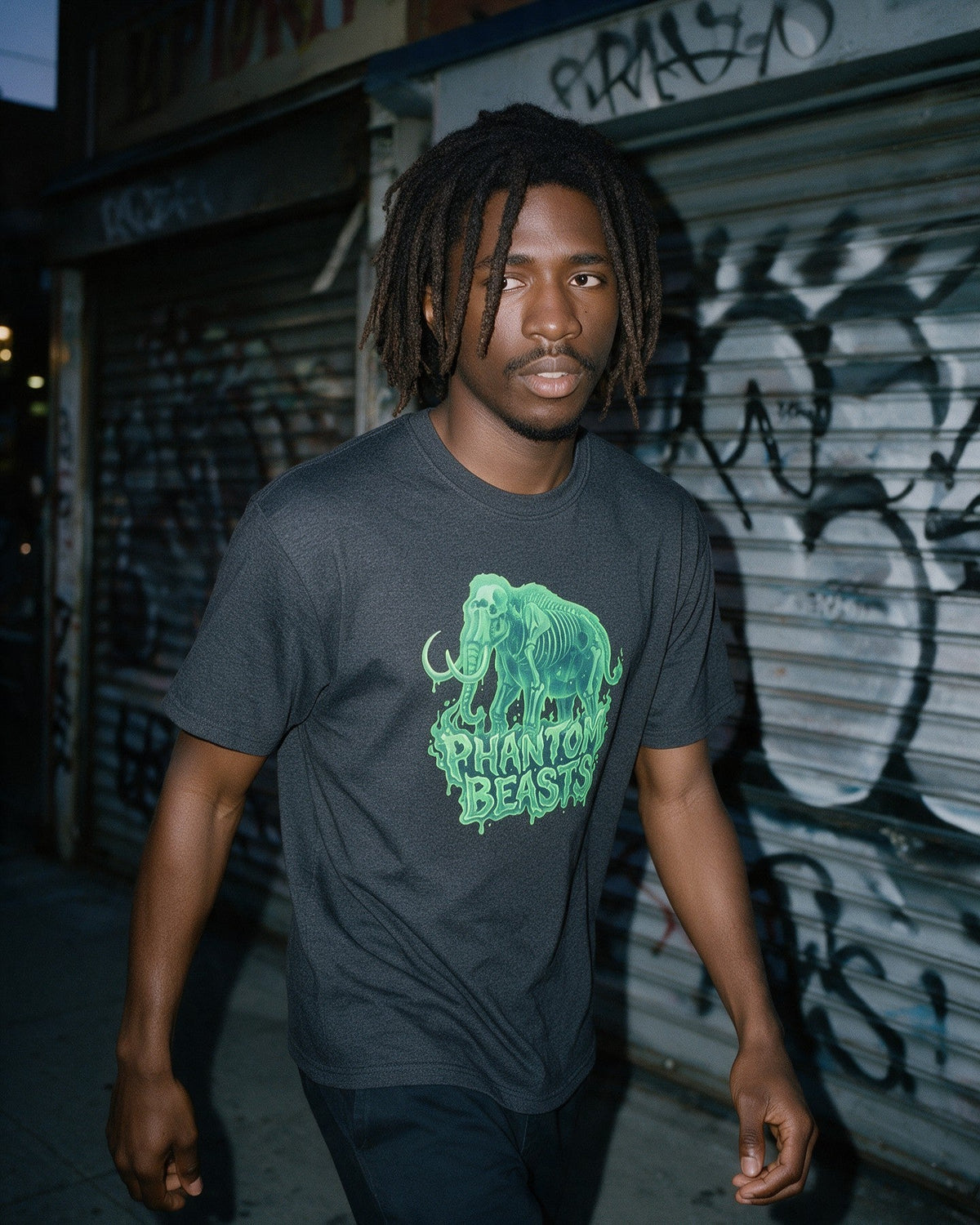Phantom Mammoth T-Shirt in Dark Heather worn on the street — Urban Kong