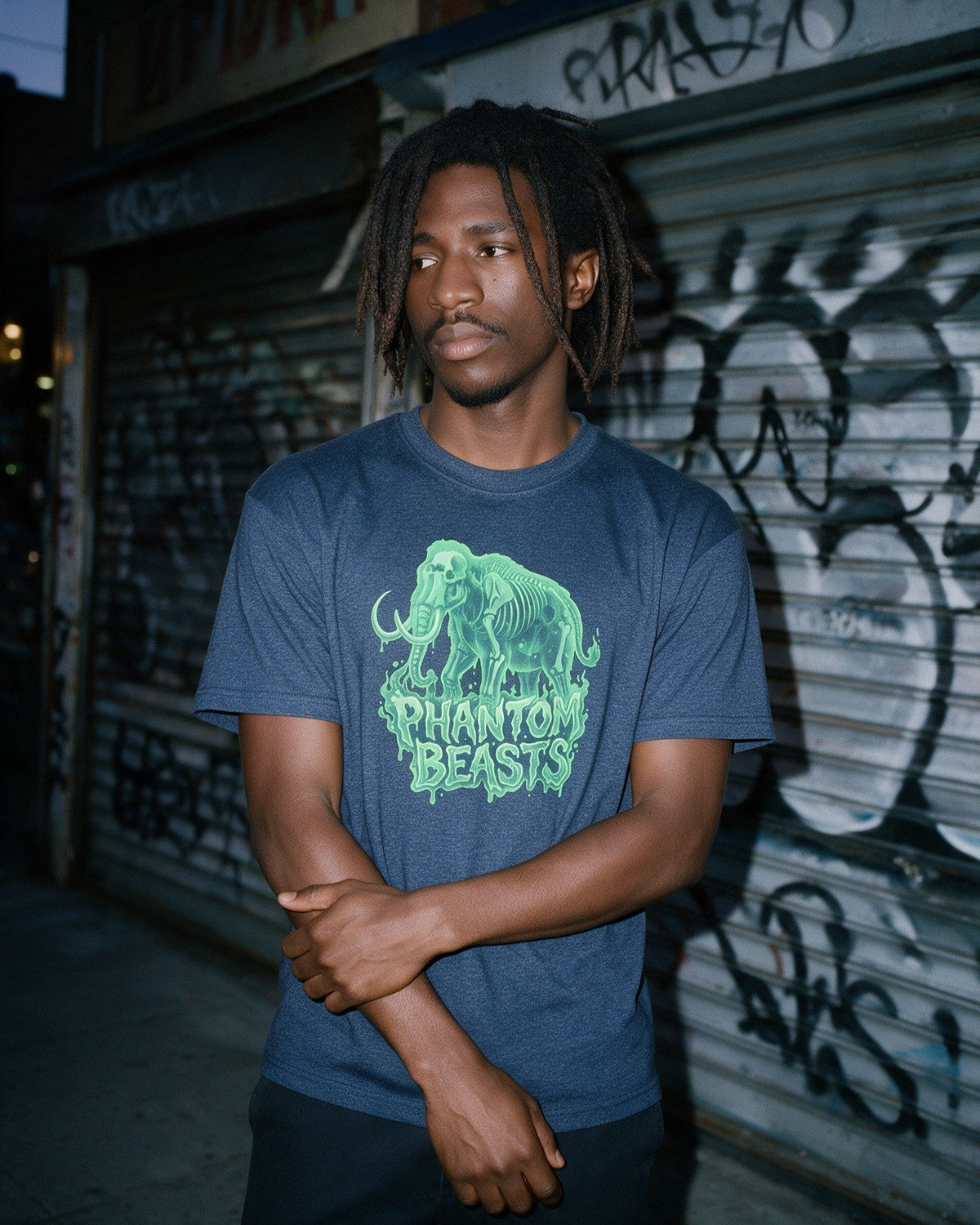 Phantom Mammoth T-Shirt in Heather Navy worn on the street — Urban Kong
