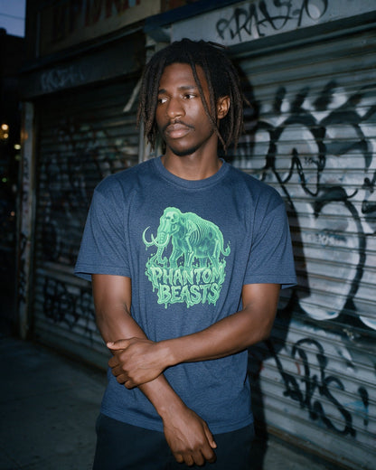 Phantom Mammoth T-Shirt in Heather Navy worn on the street — Urban Kong